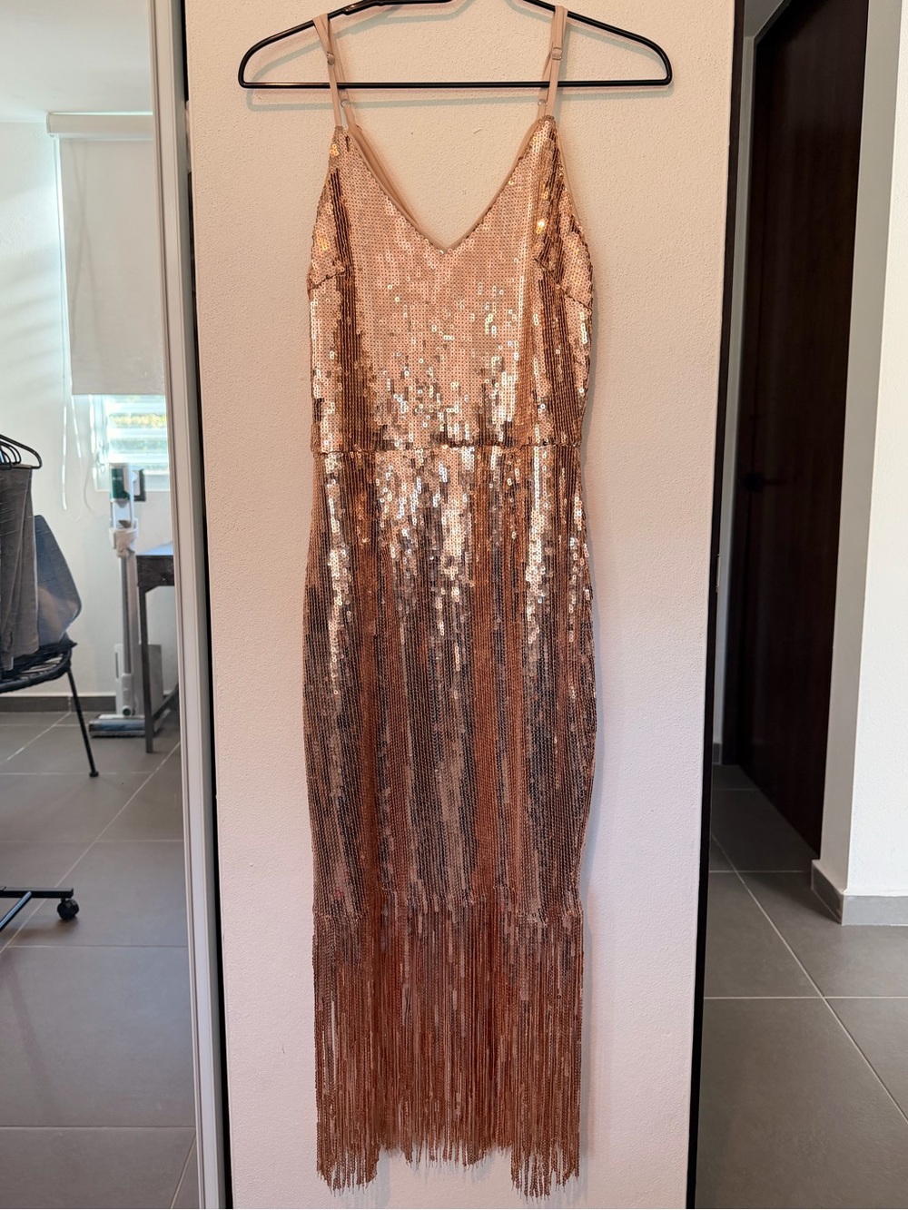 Lulu's Rose Gold Sequin Fringe Maxi Dress
